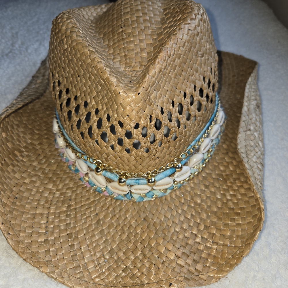 Tan and Blue Western Straw Hat with Beaded Band